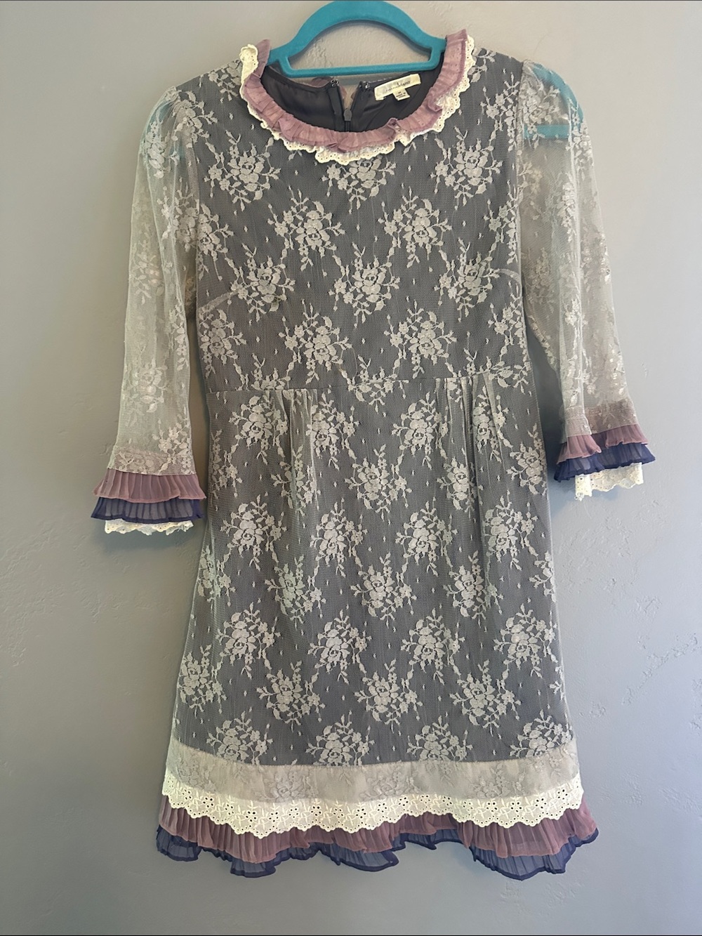 Trinity Gray Lace Overlay Dress with Purple and Cream Ruffle
